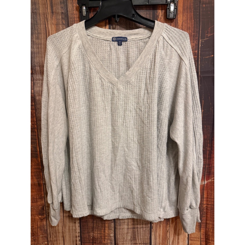 Democracy Womens 2X Light Gray Waffle Knit V-Neck Thermal Top WNU56825E